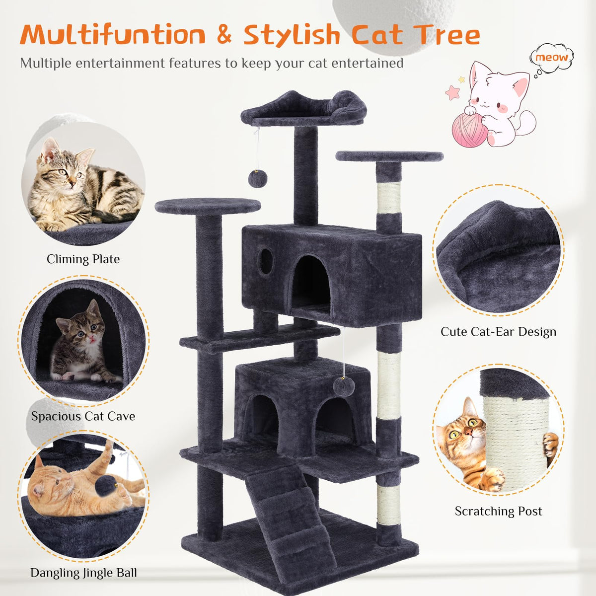 Aidoly 54 Inch Cat Tree Tower with Sisal Scratching Posts, Multi-Level