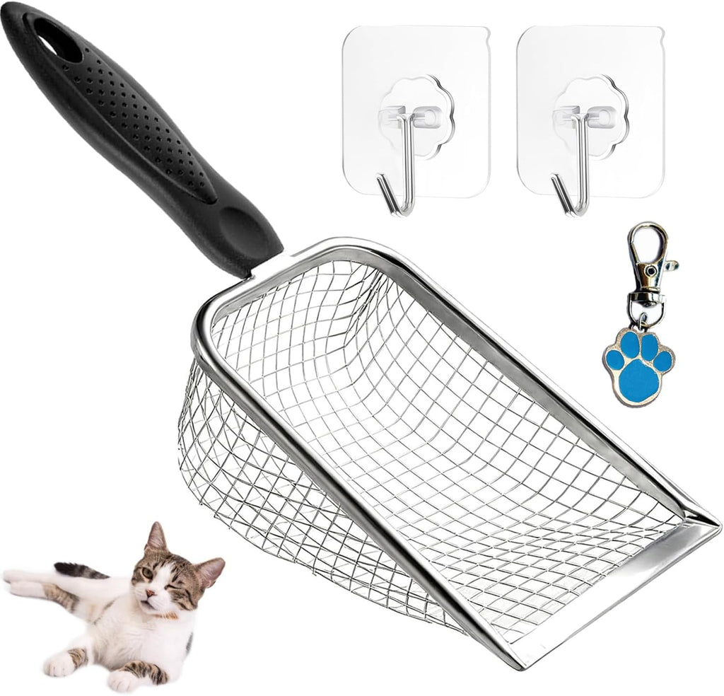 Cat Litter Scoop, Stainless Steel Cats Sturdy Mesh Scooper Kitty Metal Scooper Long Handle Scooper Shovel Sifter for All
