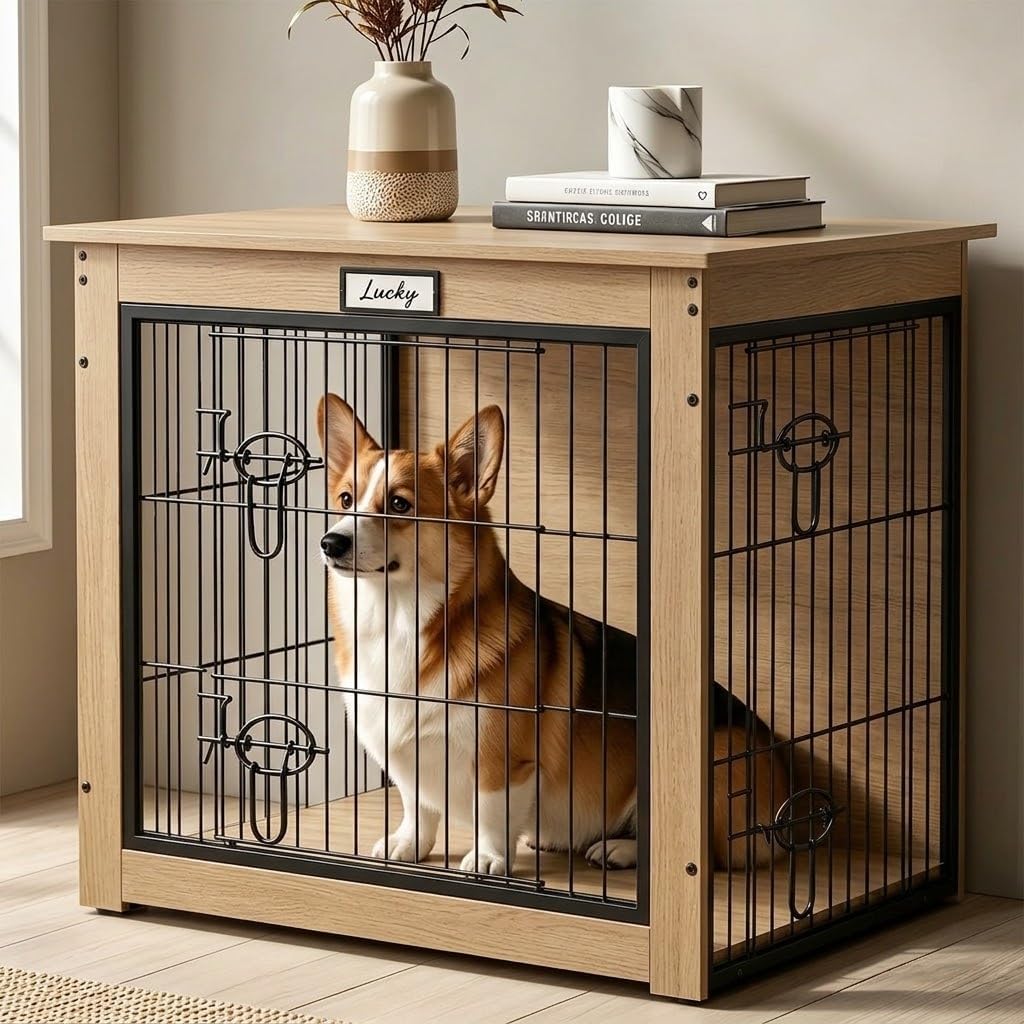 Dog Crate Furniture with Reversible Side Door, 28'' Heavy Duty Wooden Dog Kennel Indoor for Small Medium Dogs, Furniture