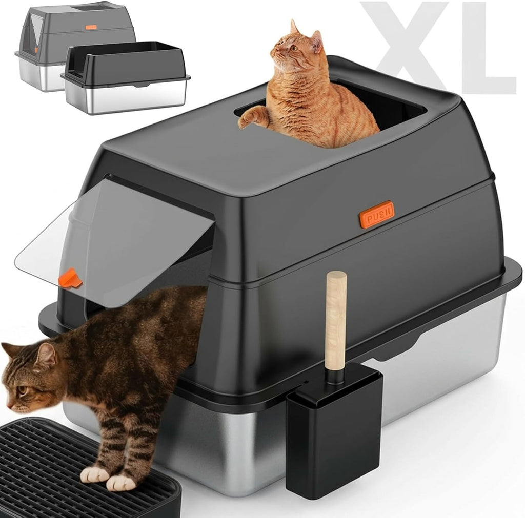 Lobeve Extra Large Stainless Steel Litter Box with Lid, Easy-Clean Pan