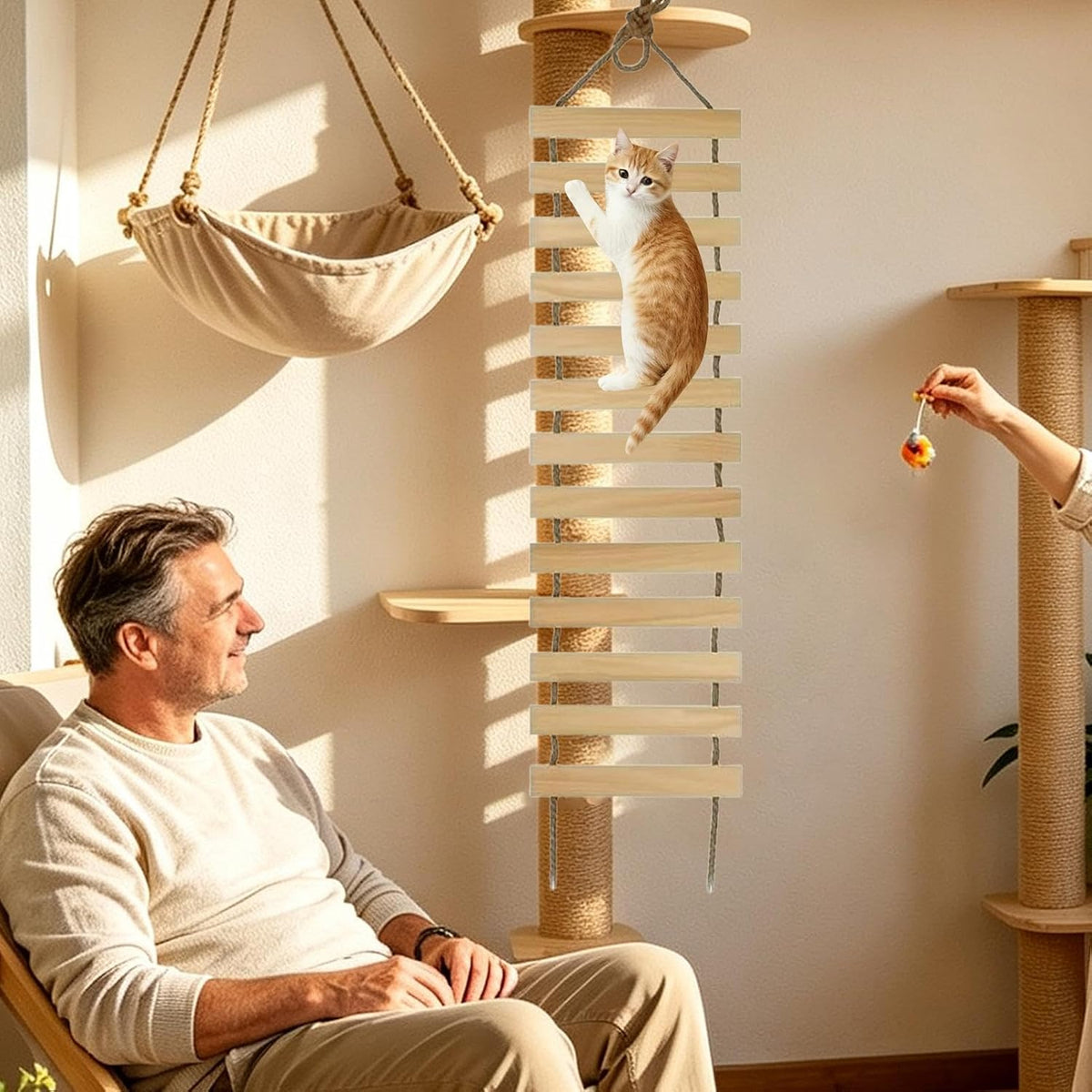 Wall-Mounted Cat Ladder, Wooden Cat Bridge with Multi-Level Steps