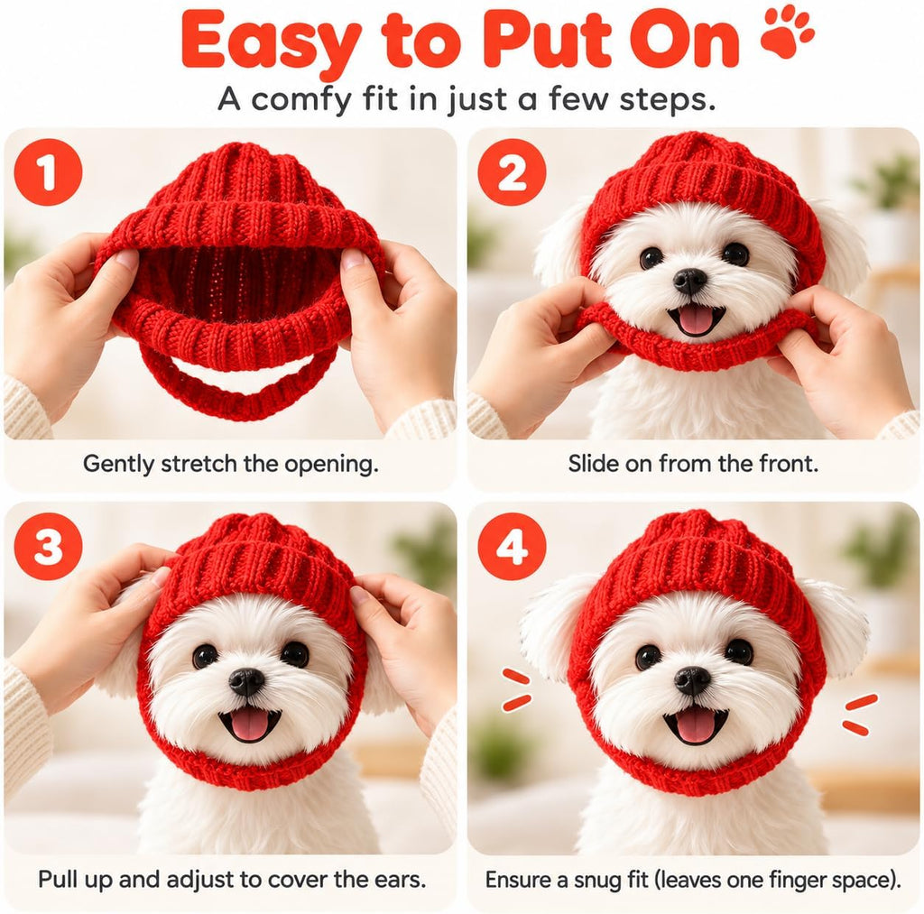 Warm Knitted Dog Beanie Hat with Ear Holes, Stretch Ribbed Winter Pet Headwear with Chin Strap, Cute Cold Weather Dog Ca