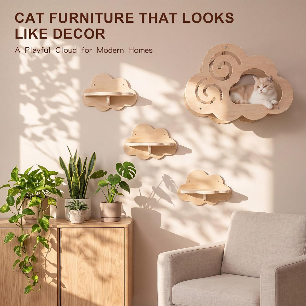 Lineshading Cloud Shaped cat Wall Shelves for Indoor Cats Wood 15 x 11 Inch
