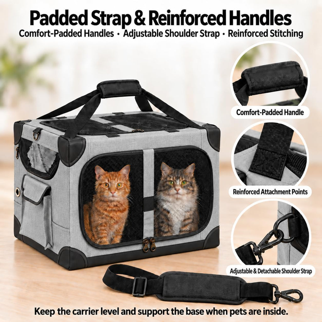 FuzzyNest Large Cat Carrier for 2 Cats, 24x17x17 in, Metal Frame, Gray