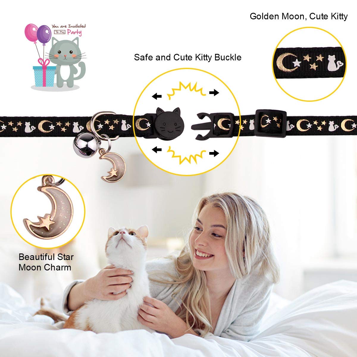 Baeuppit 2PCS Breakaway Cat Collars with Bell Moons Stars Cute Kitty Adjustable Safe Kitten Collars with Pendant Glow in The Dark(Black&Purple)
