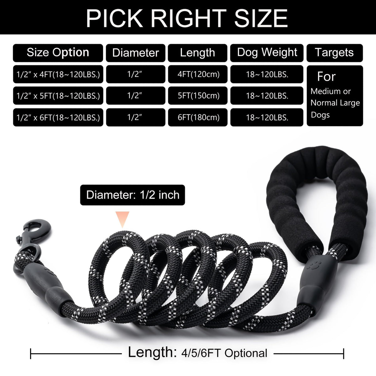 2 Pack Dog Leash, Heavy Duty Nylon Rope Pet Leashes (5FT-1/2,Black/Black)