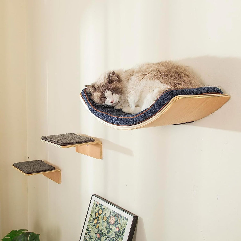 2 Set Cat Wall Steps - Wooden Cat Climbing Shelf for Wall - Cats Wall Stairs with Scratching Mat - Wall Mounted Cats Fur