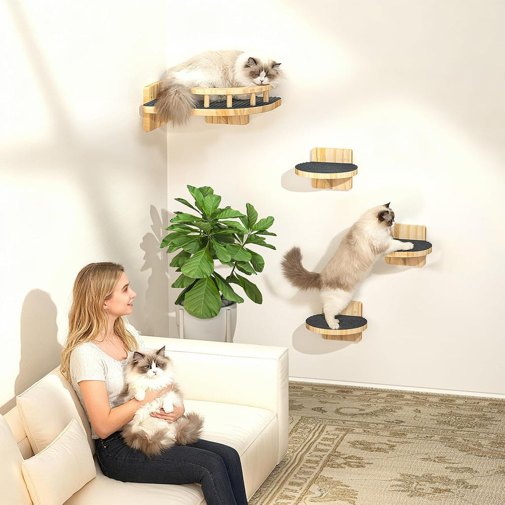 XiaZ Cat Wall Shelves, Corner Cat Shelf with 3 Wide Perch Steps, Kitty Wall Climber Wooden Furniture up to 25lbs, Modern