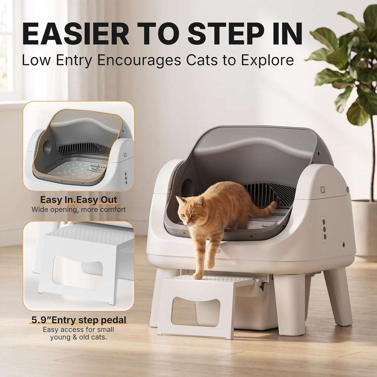 Automatic Cat Litter Box with Wide Open-Top & Easy-Access Step for Cats 3–17 lb, Self Cleaning Cat Litter Box with 8L Wa
