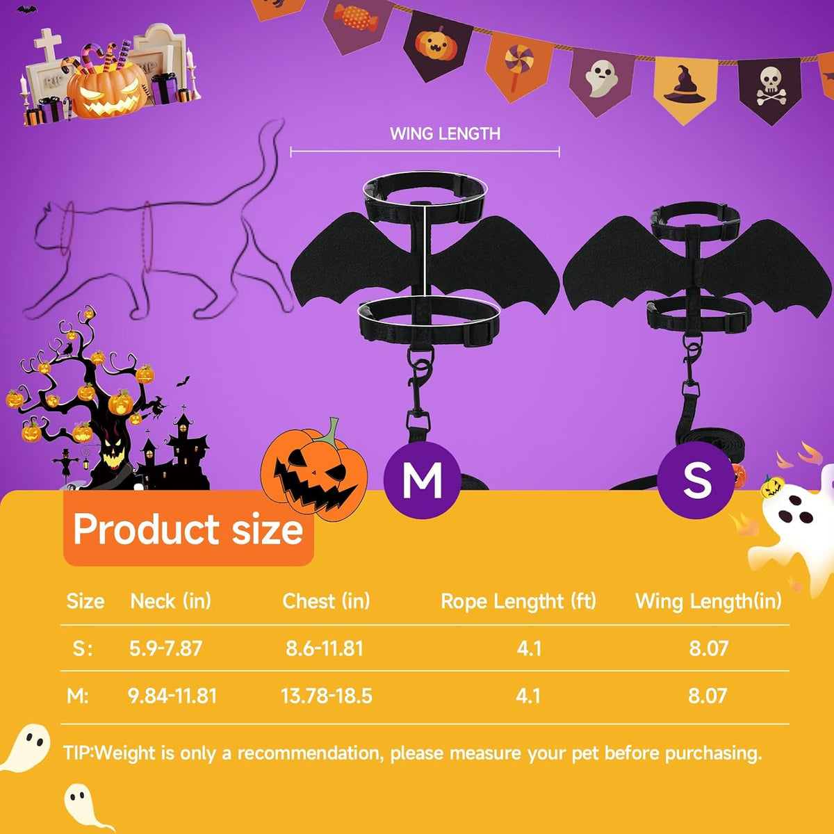 Cat Harness and Leash with Bat Wings, Escape Proof Leash (S)