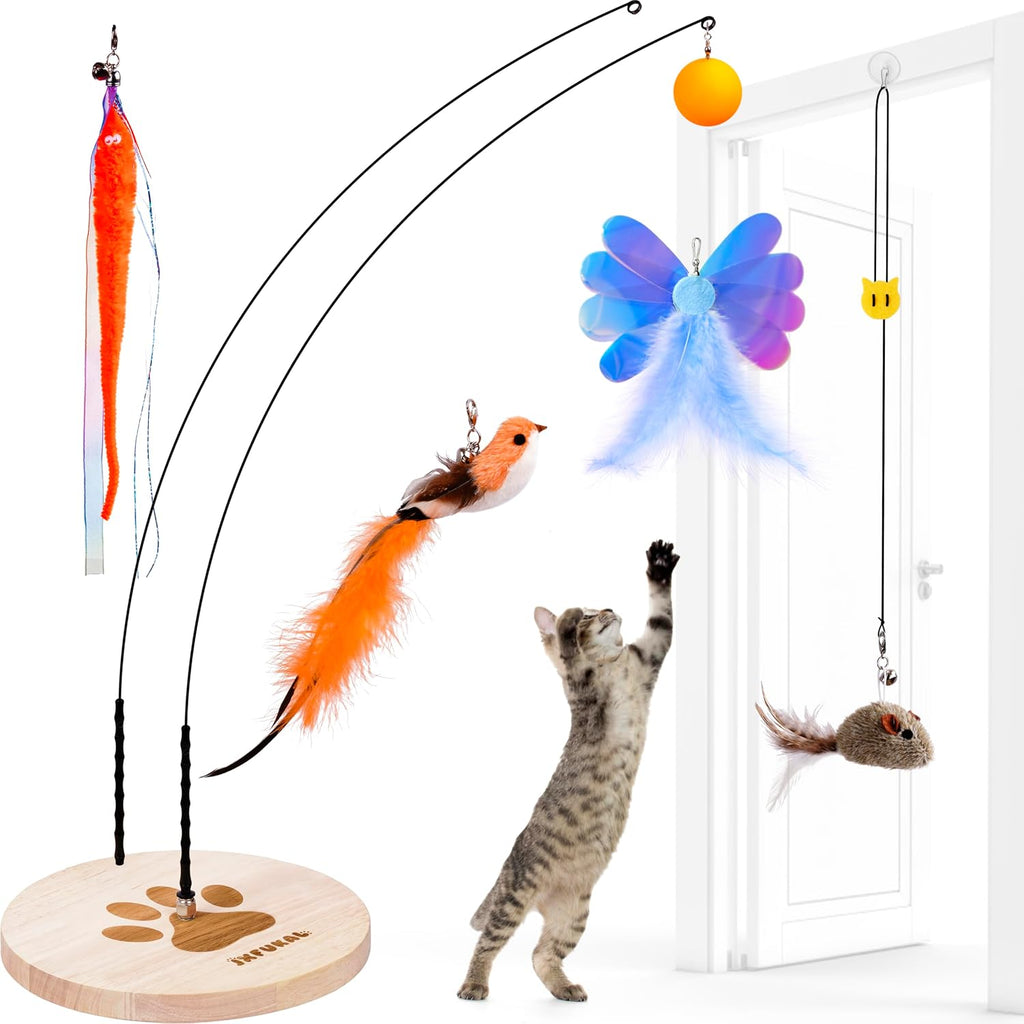 JXFUKAL Interactive cat Toy, Automatic Cat Wand Toy with Stable Wooden Base, 2 PCS Detachable Cat Teaser, 5PCS Refills R