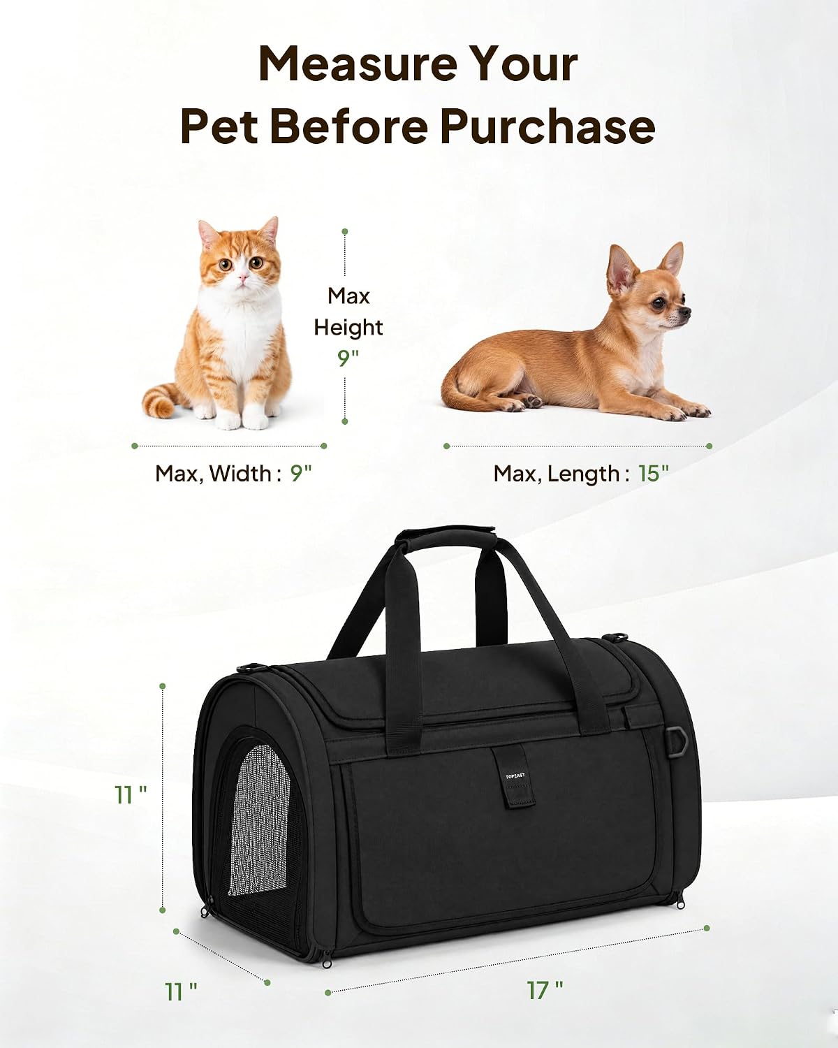 Backpackable Cat Carrier 17"x11"x11", Soft-Sided Collapsible Pet Carrier