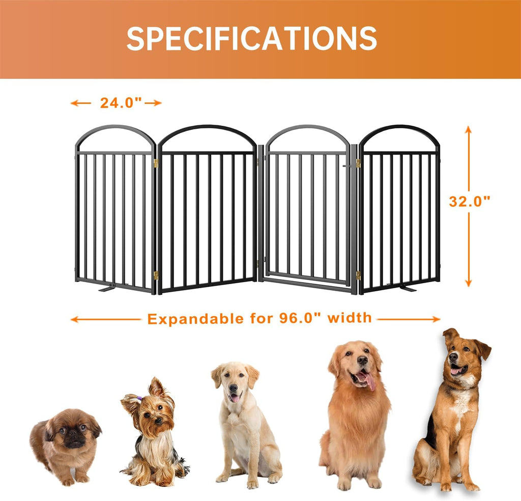 4 Panels Full Matel Freestanding Dog Gates with Door, 96"Extra Wide 32"Tall Free Standing Dog Pet Gate for Indoor & Outd