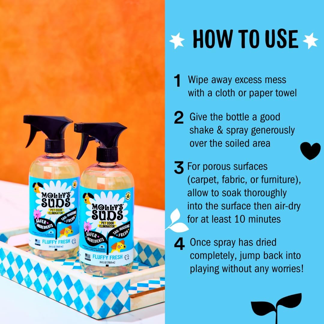 Molly's Suds Pet Odor Eliminator Spray for Dog and Cat Urine, Carpet Stains, and Strong Smells – Cleaner with Essential 