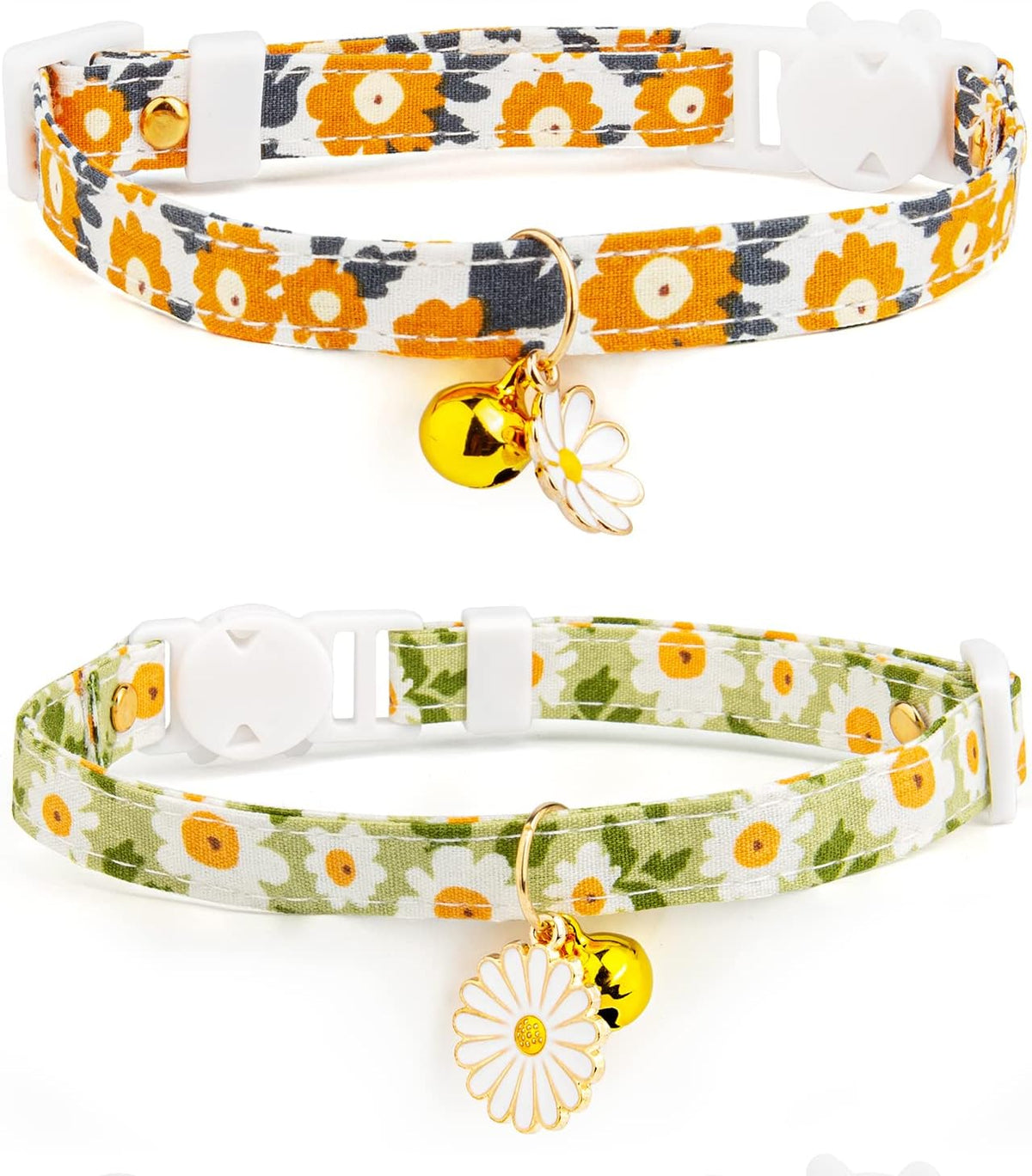 2 Pack Cotton Breakaway Cat Collar with Bell Yellow&Green Flowers Pendant Cute Kitten Cat Collar Suitable for Girls and 