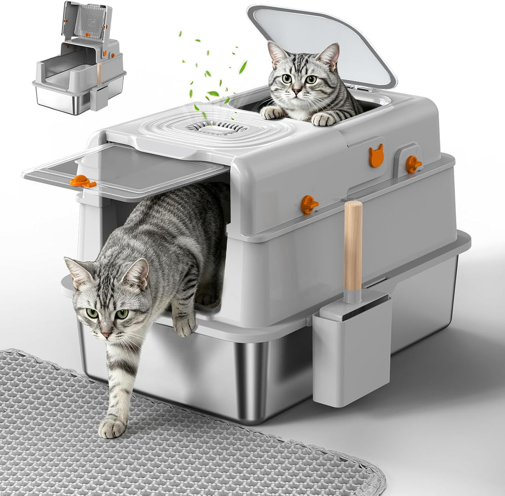 XXXL Stainless Steel Cat Litter Box, Enclosed Cat Litter Box