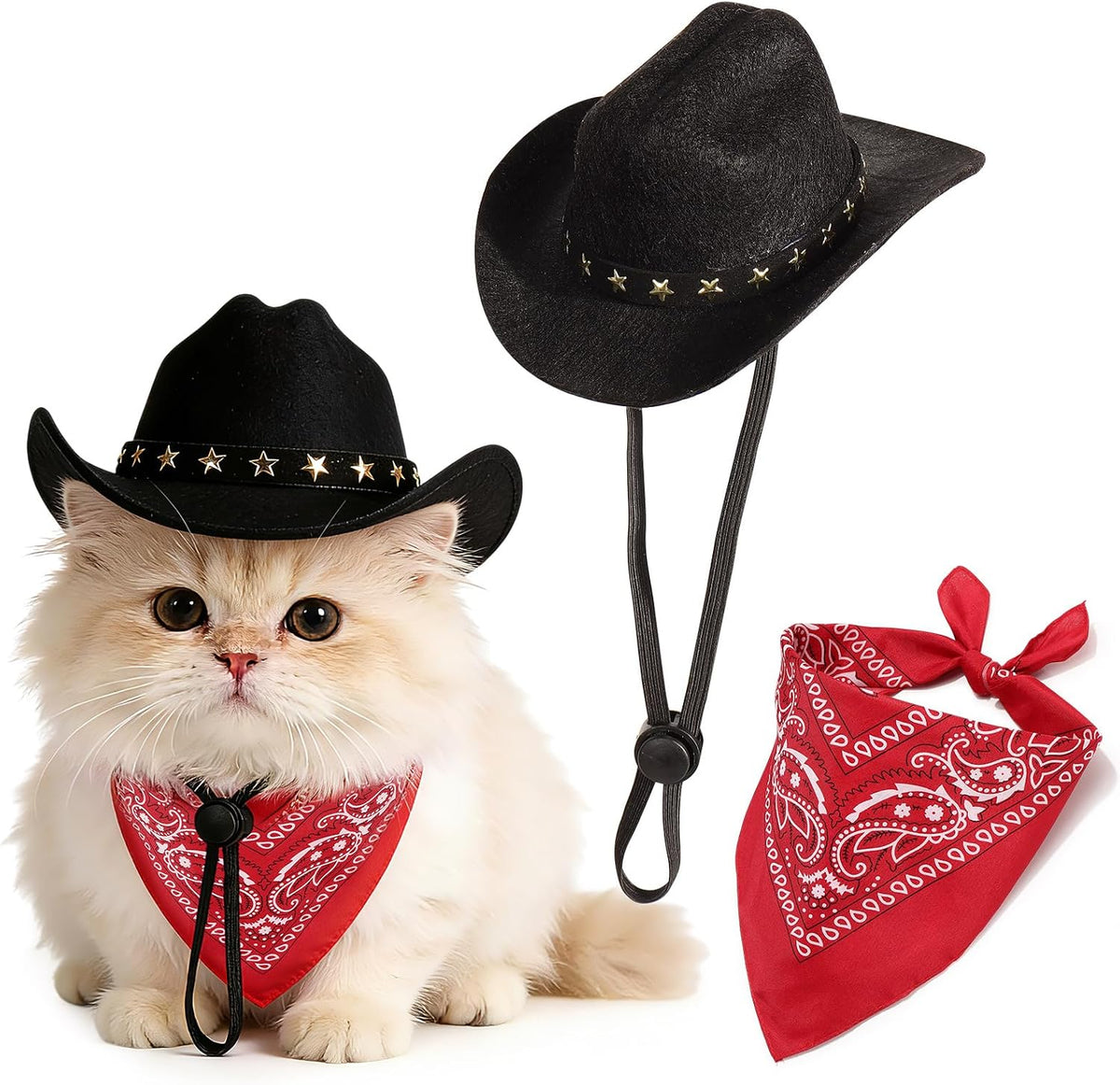 Pet Cowboy Costume, Dog Cowboy Hat with Bandana Scarf, Adjustable Cat Cowboy Hat for Party Cosplay Christmas, Halloween 