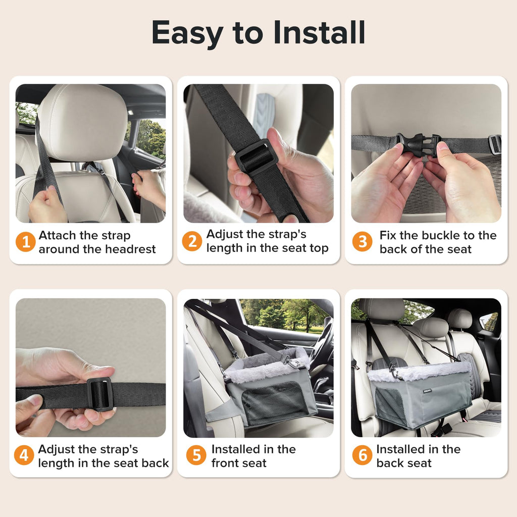 JOEJOY Deluxe Dog Booster Seat with Sturdy Metal Frame and Safety Leash for Small Pets up to 20 lbs - Portable Puppy Dog Car Seat with Thick Cushion and Storage Pockets for Small Dogs, Grey