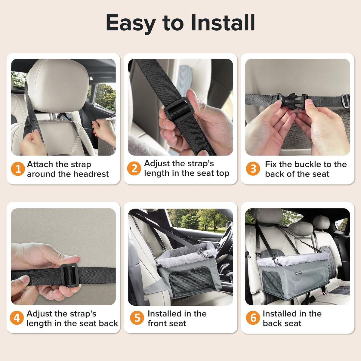JOEJOY Deluxe Dog Booster Seat with Sturdy Metal Frame and Safety Leash for Small Pets up to 20 lbs - Portable Puppy Dog Car Seat with Thick Cushion and Storage Pockets for Small Dogs, Grey