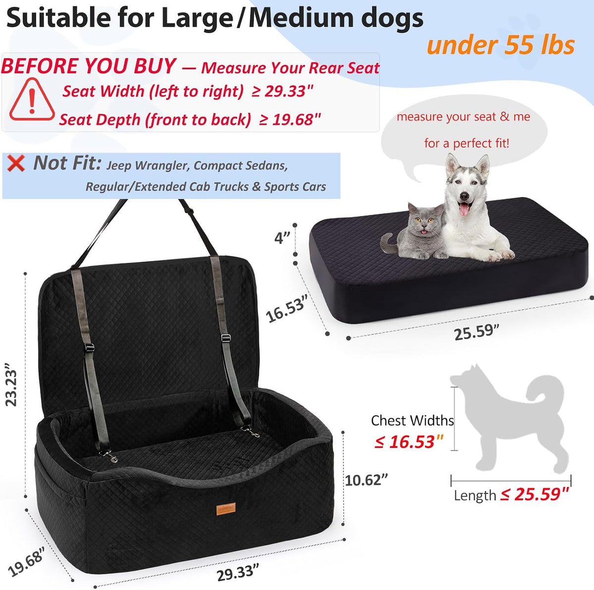 BLVRYVIO Large Dog Car Seat for Medium Sized Dogs Under 55lbs or 2 Smalls