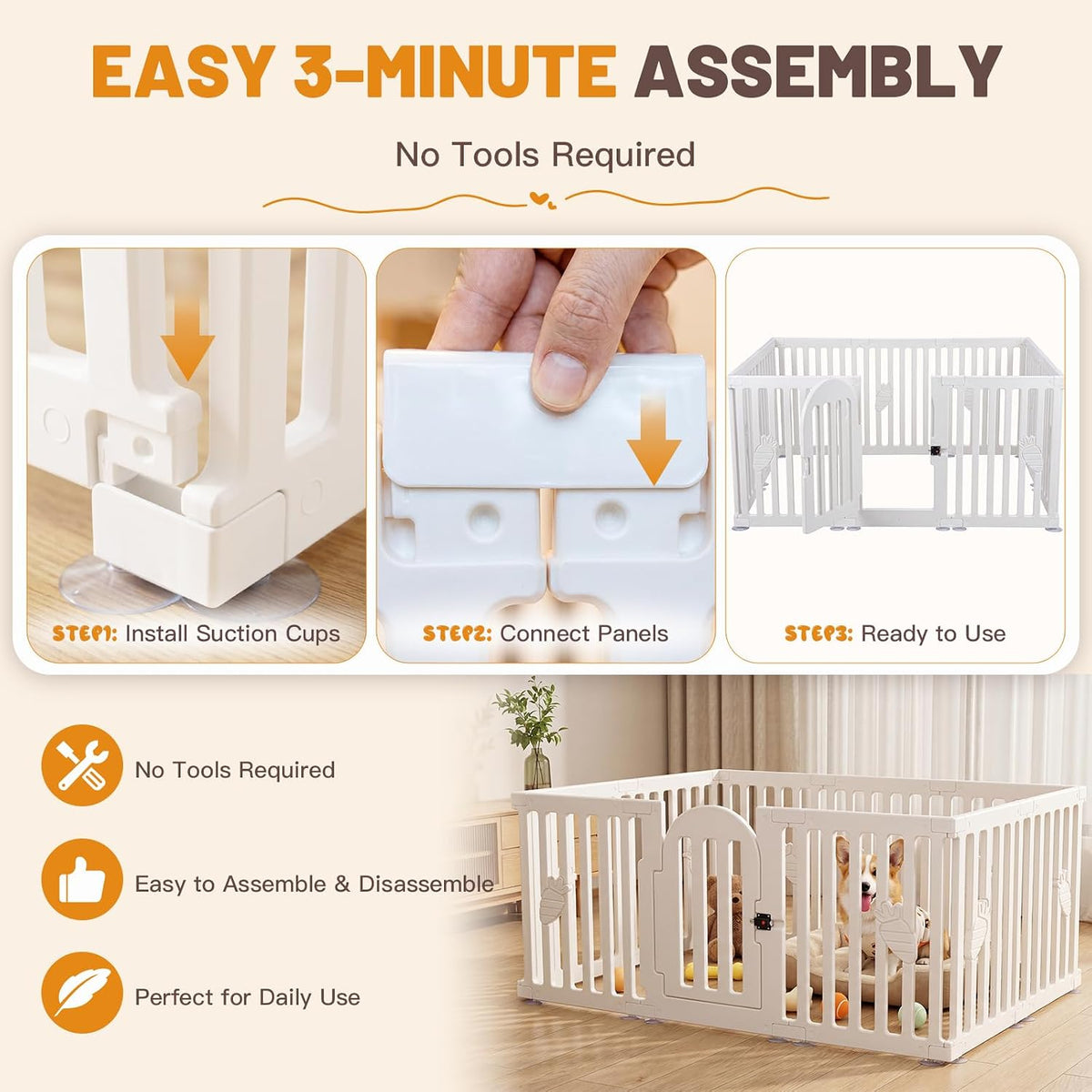 Dog Playpen Indoor with Door, 10-Panel 25.6" Tall Dog Play Pen, Easy-Assembly Plastic Puppy Playpen Fence for Dogs, Pet 