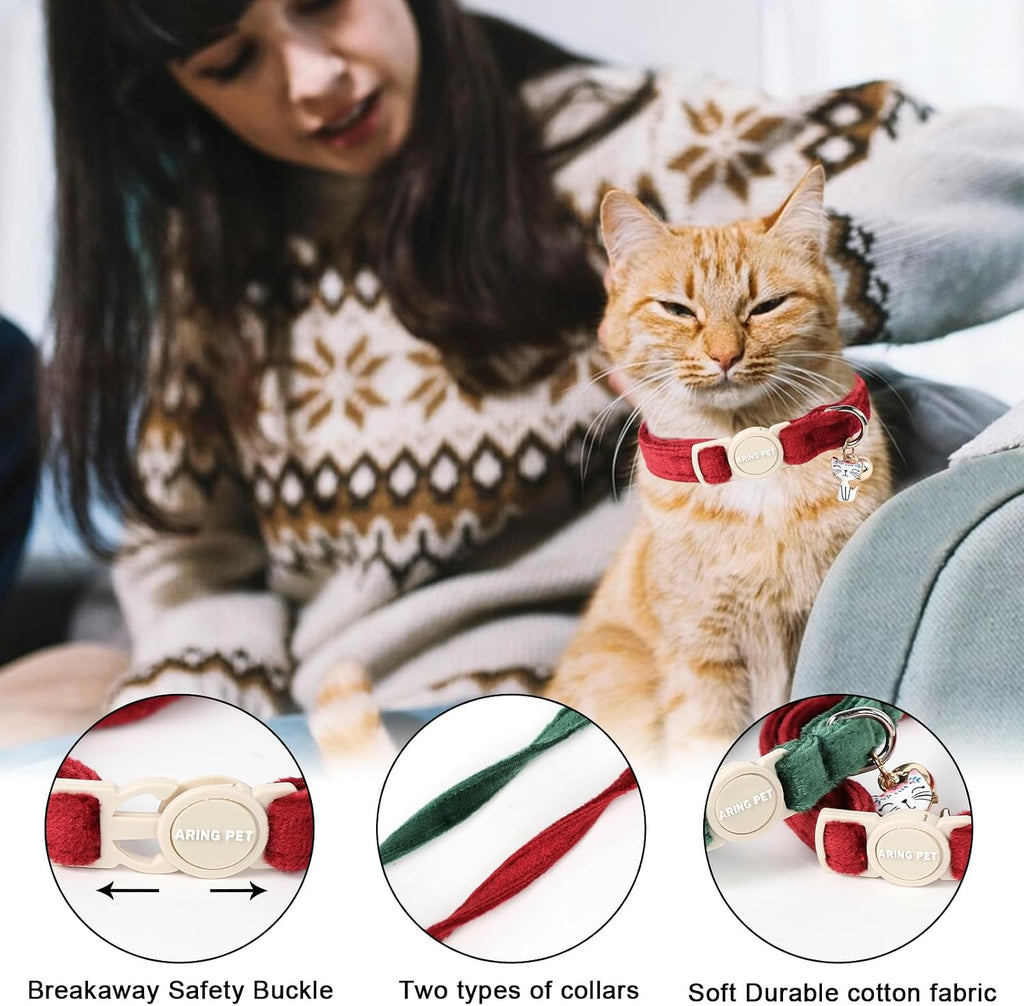 ARING PET 2 Pack Cat Collars-Cute Breakaway Cat Collar with Bell & Pendant, Adjustable Christmas Kitten Collars with Saf