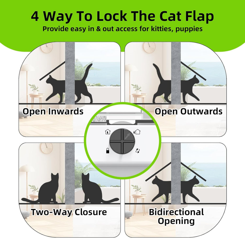 Cat Door for Window, Aluminum Cat Door Window Insert with 4 Secure Lock Modes, Magnetic Closure for Cats, Fit Window Wid