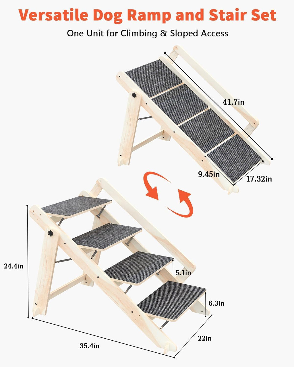 Woodure Foldable Dog Stairs, Convertible 4-Step Wooden Dog Ramp, Cat Step for High Bed Couch Car, Anti Slip Puppy Ladder