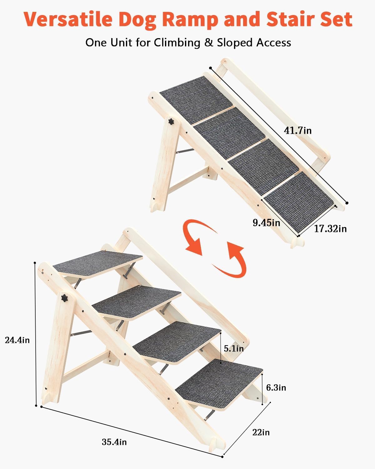 Woodure Foldable Dog Stairs, Convertible 4-Step Wooden Dog Ramp, Cat Step for High Bed Couch Car, Anti Slip Puppy Ladder