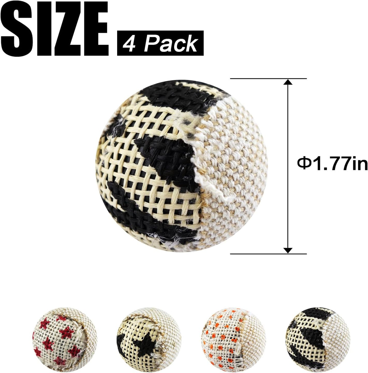 TTcat Canvas Burlap Cat Toy Balls, 4 Pack Natural Woven Linen Cat Play Balls, Durable Textured Kitten Chew Chase Toys, L