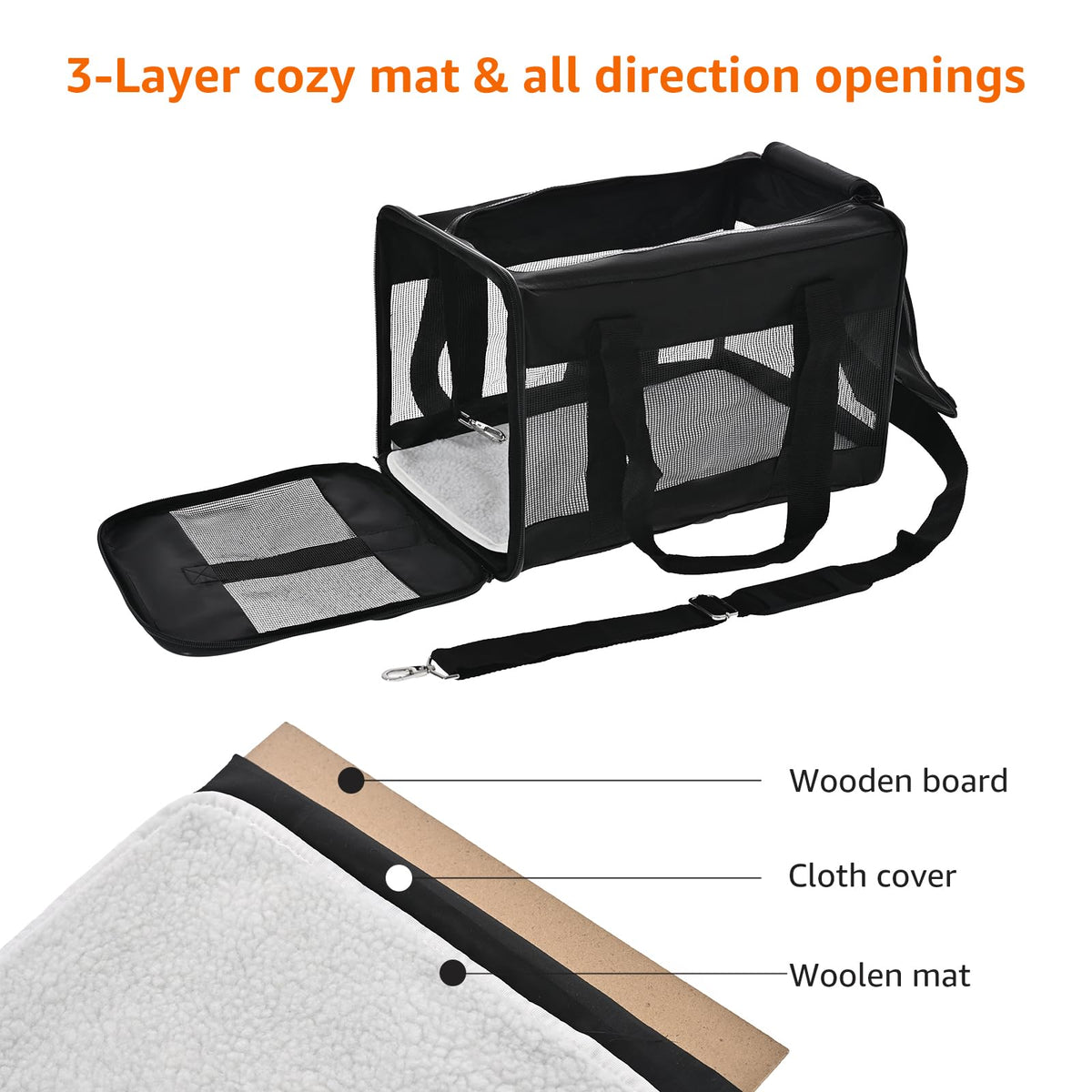Amazon Basics Airline Approved Soft-Sided Mesh Pet Travel Carrier with Shoulder Strap, Removable Washable Fleece Pad, Top Opening, Ventilation for Dog, Cat, up to 22 pounds, 19.7Lx12Wx12H in., Black