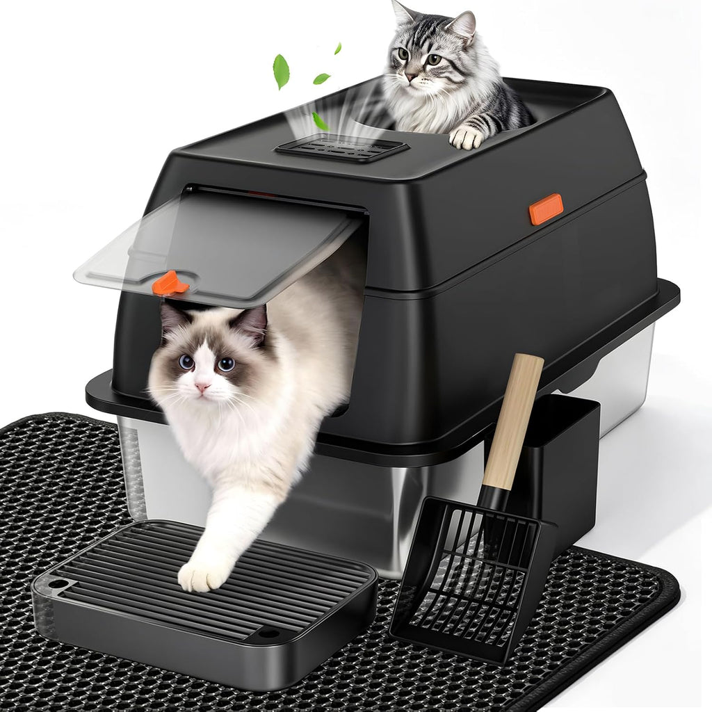 XL Enclosed Stainless Steel Litter Box with Lid, Light Gray
