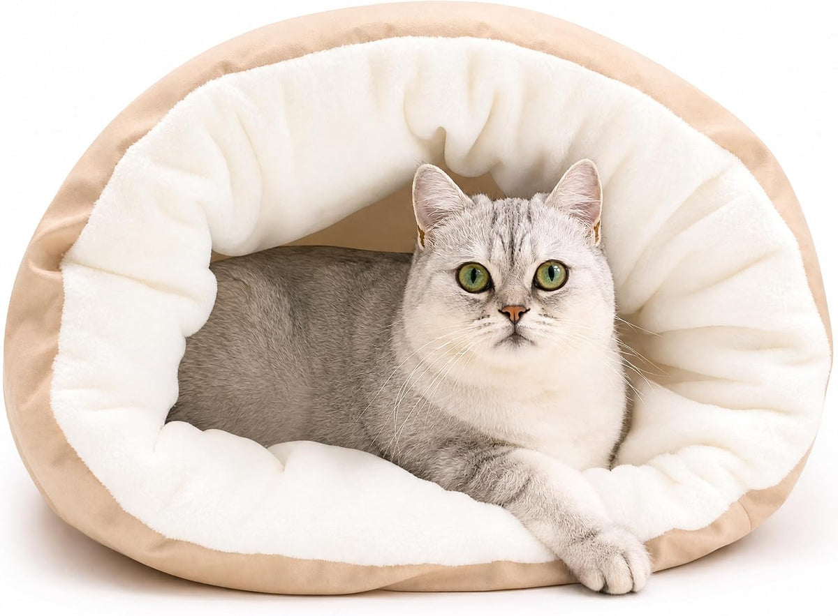 Cat Sleeping Bag Cave Bed Self Warming Heated Cat Bed Cozy Enclosed Cat Cave for Indoor & Outdoor Cats, Fluffy Warm Burr