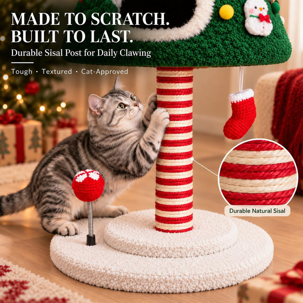 Cat Christmas Tree with Plush Cat Condo and Sisal Scratching Post
