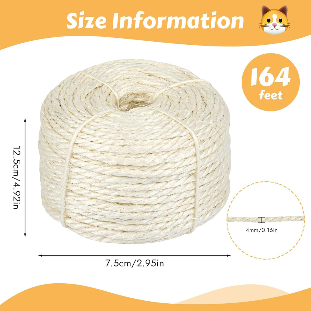 164 Ft Sisal Rope for Cat Tree, 1/6 Inch Natural Twine, White Color
