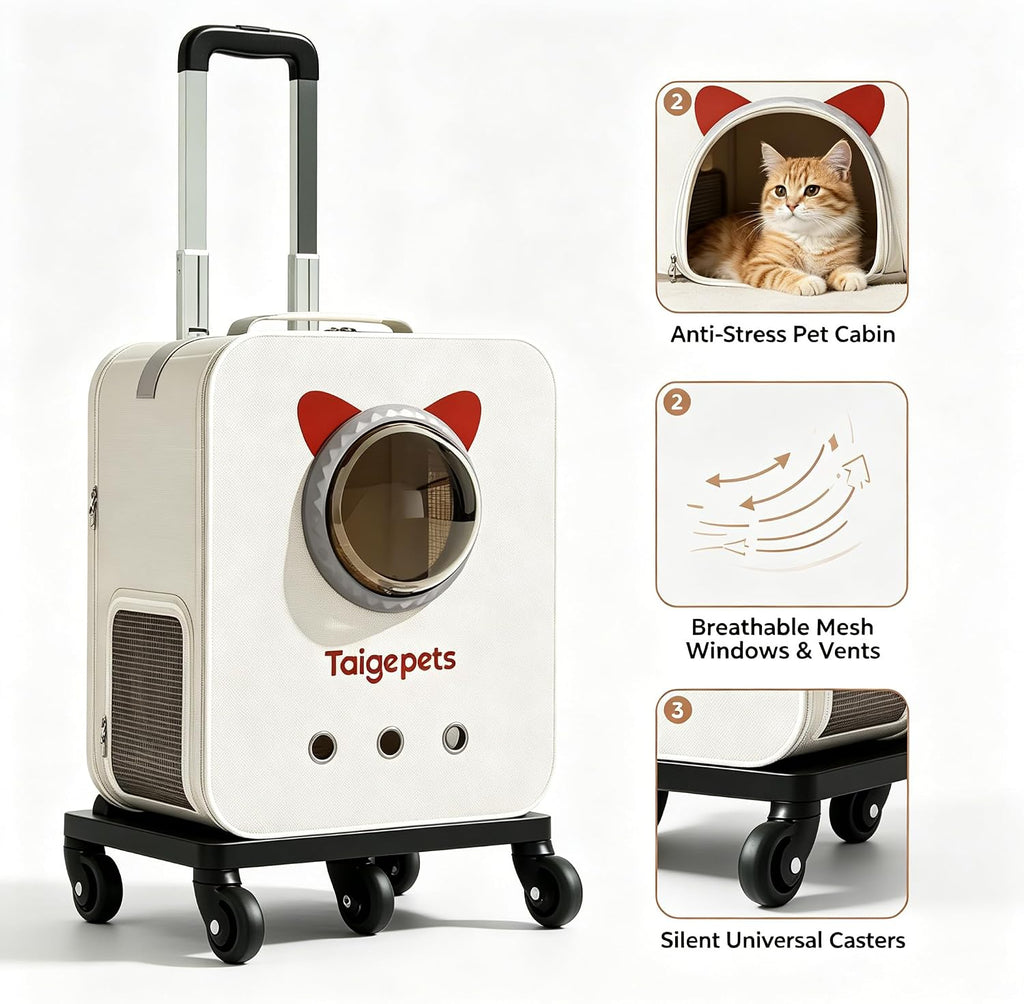 Rolling Cat Carrier Backpack with Wheels, Large Breathable Pet Travel Bag, Lightweight Space Capsule Pet Luggage Carrier