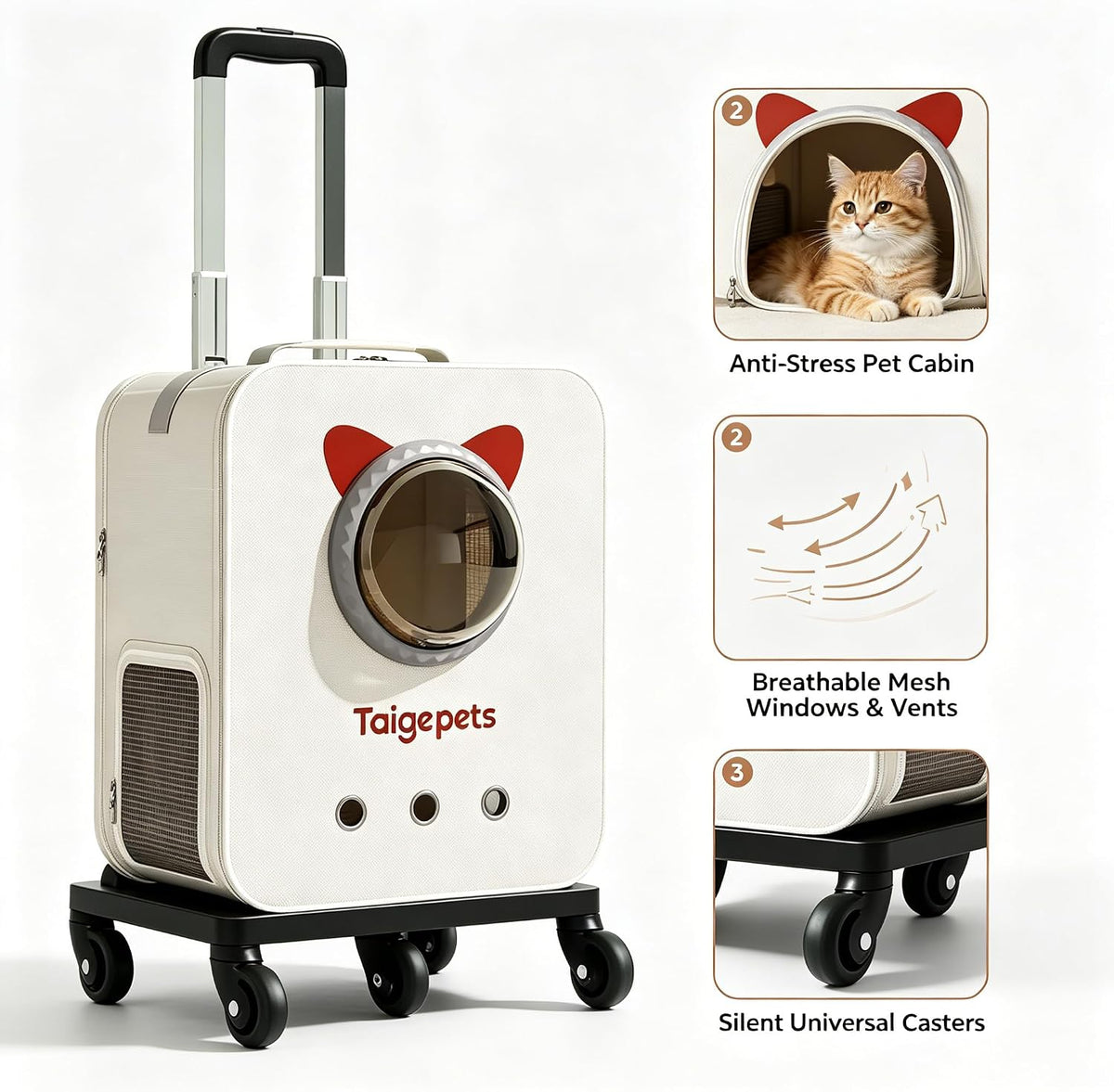 Rolling Cat Carrier Backpack with Wheels, Large Breathable Pet Travel Bag, Lightweight Space Capsule Pet Luggage Carrier