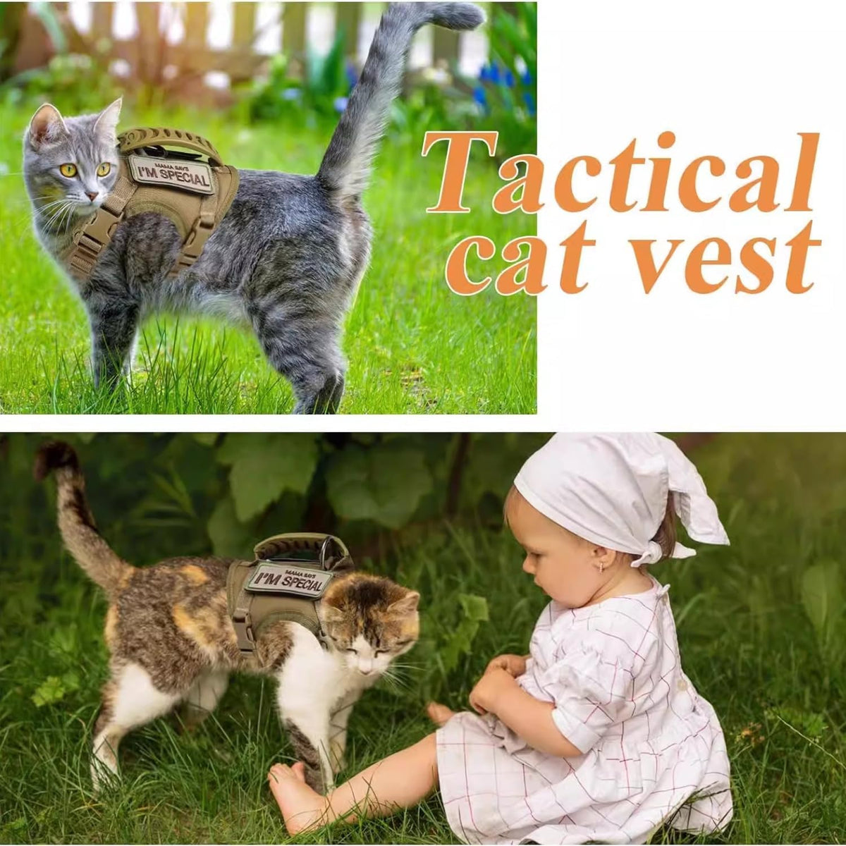 Tactical Cat Harness and Leash Set for Walking Escape Proof Adjustable Large Cat Vest Harness with Patches Soft Mesh Pad