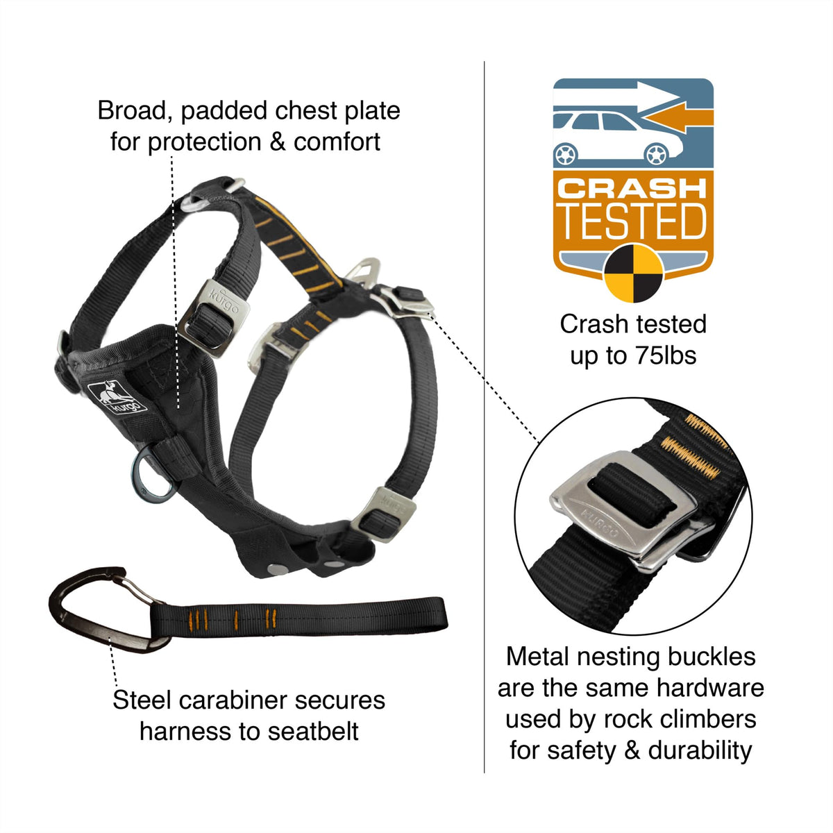 Kurgo Enhanced Strength Tru-Fit Smart Harness, Black, Large