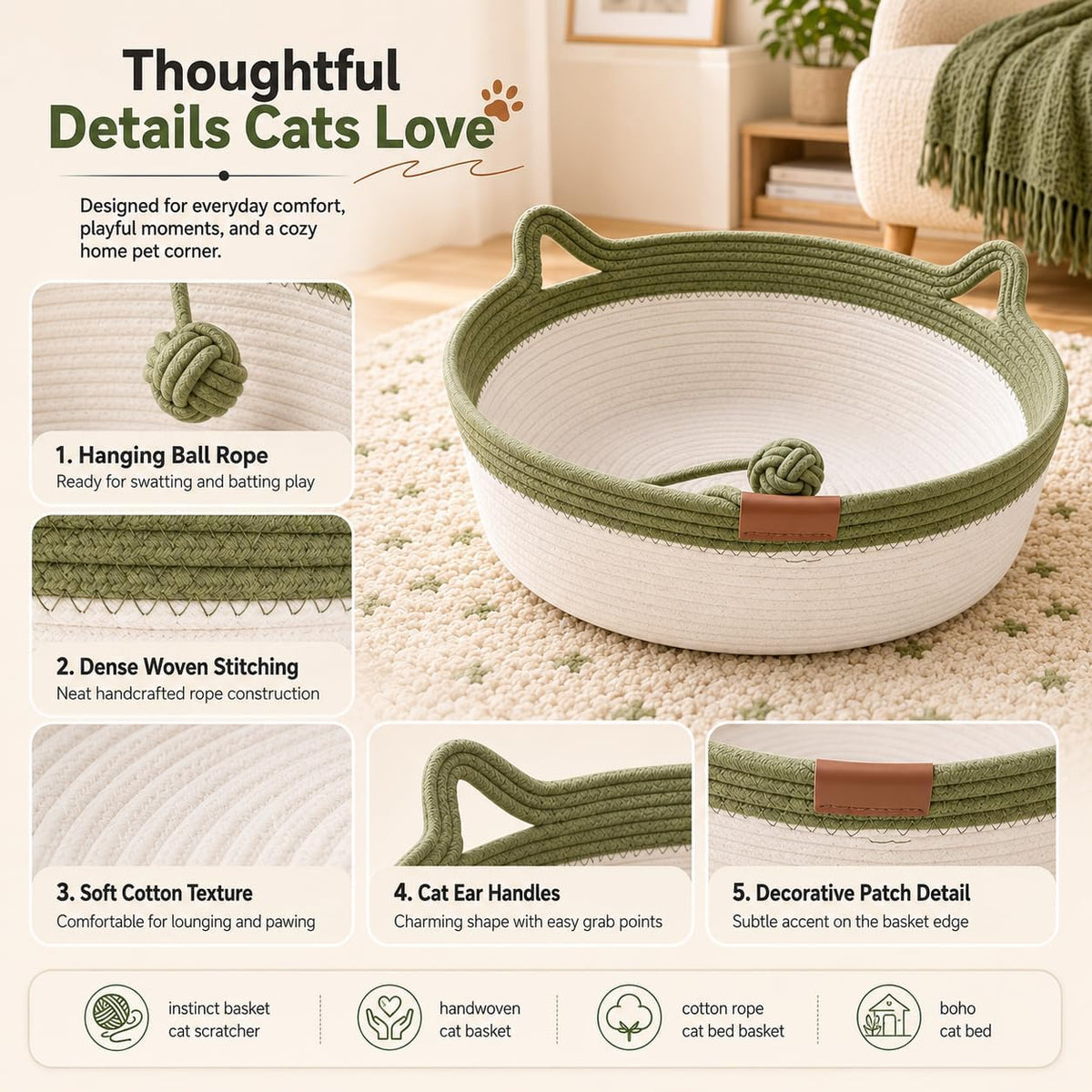 Instinct Basket for Cats - Stimuli Handwoven Cotton Rope Enrichment Bed