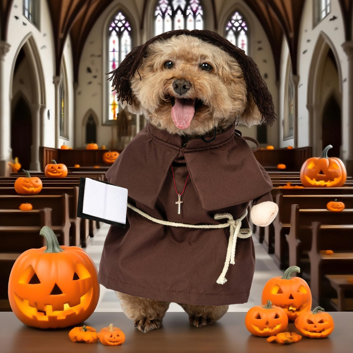NACOCO Halloween Dog Priest Costume - Pet Minister Clothes Cat Funny Pope Clergy Outfit Apparel Adjustable for Small Medium and Large Dogs(Brown Priest, M)