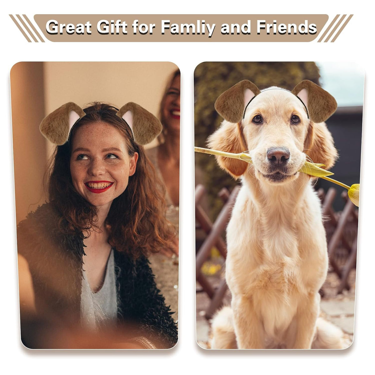 Beviliu Dog Ears Golden Movable, Realistic Animals Ears Headband Brown, Fluffy Cat Bunny Bear Costume Halloween Christma