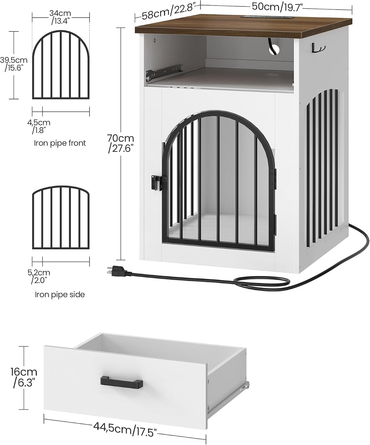 CHOEZON Dog Crate Furniture, Wooden Dog Kennel with Charging Station and Storage Drawer, Indoor Pet Crate End Table for 