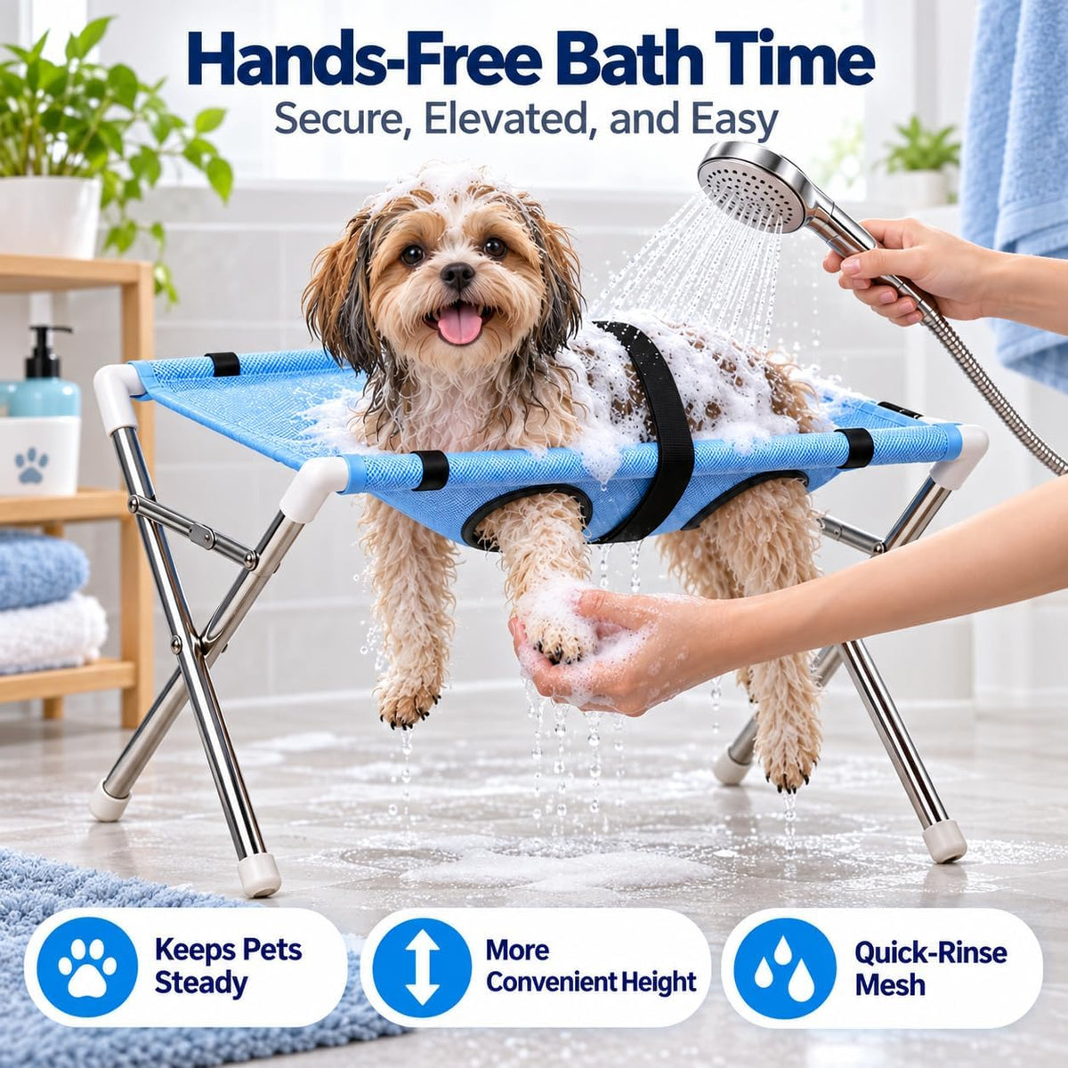 Dog Grooming Hammock with Stand for Small Dogs and Cats, Foldable Stainless Steel Frame, 8-Opening Mesh Sling for Nail T