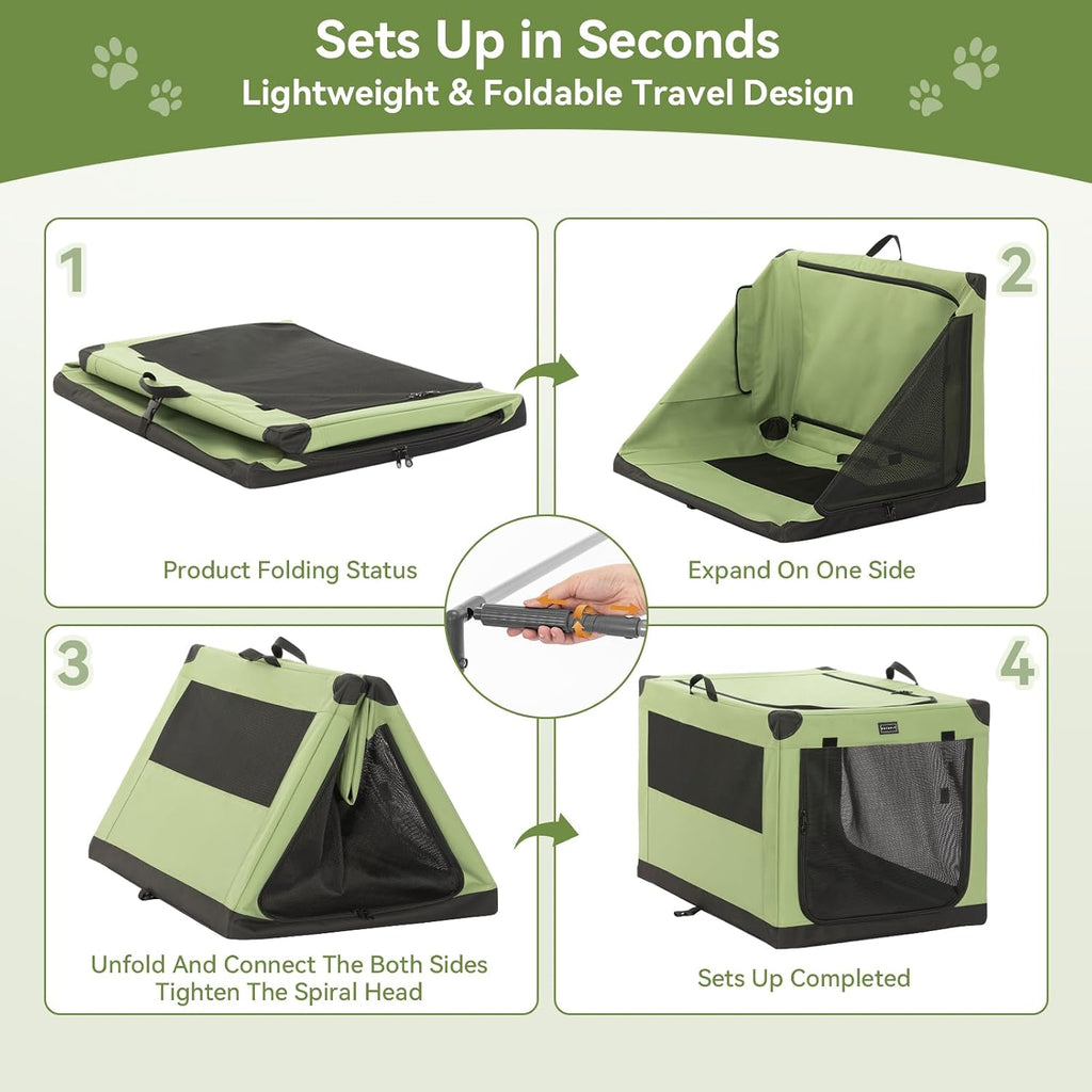 PETSFIT 30" Soft Portable Dog Crate – Patented Spiral Sturdy Frame, Collapsible Travel Kennel for Medium Dogs, 3 Mesh Do