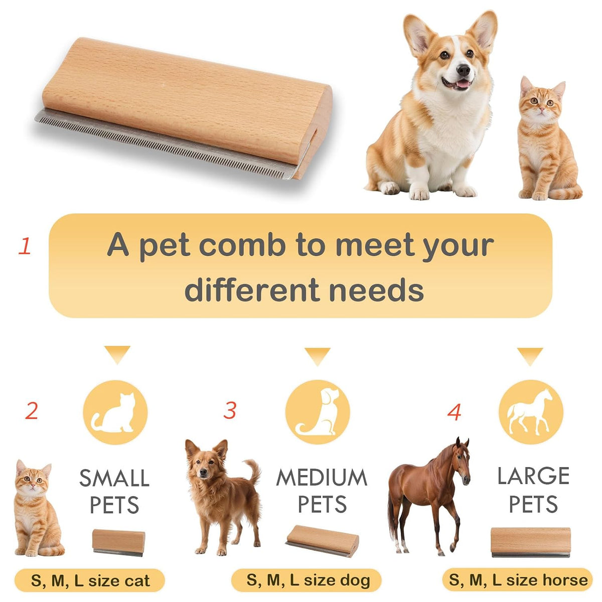 Dog Comb for Shedding Kit 2-in-1 Wooden Grooming Shedding Brush for Dogs & Cats Pet Hair Removal Tool with Ergonomic Gri