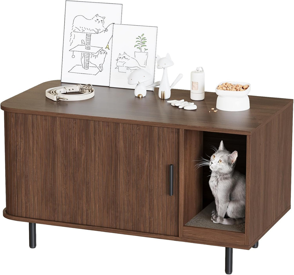 37.4" Cat Litter Box Enclosure with Scratch Pad, Sliding Door