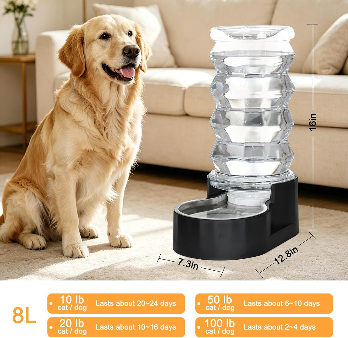 RIZZARI 8L Filtered Dog Water Dispenser: Stainless Steel Bowl for Pets