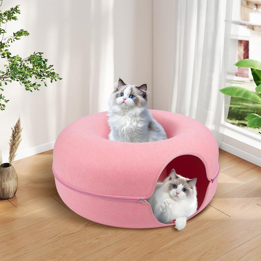 Large Peekaboo Cat Cave Donut Tunnel 24" for Indoor Cats, Pink