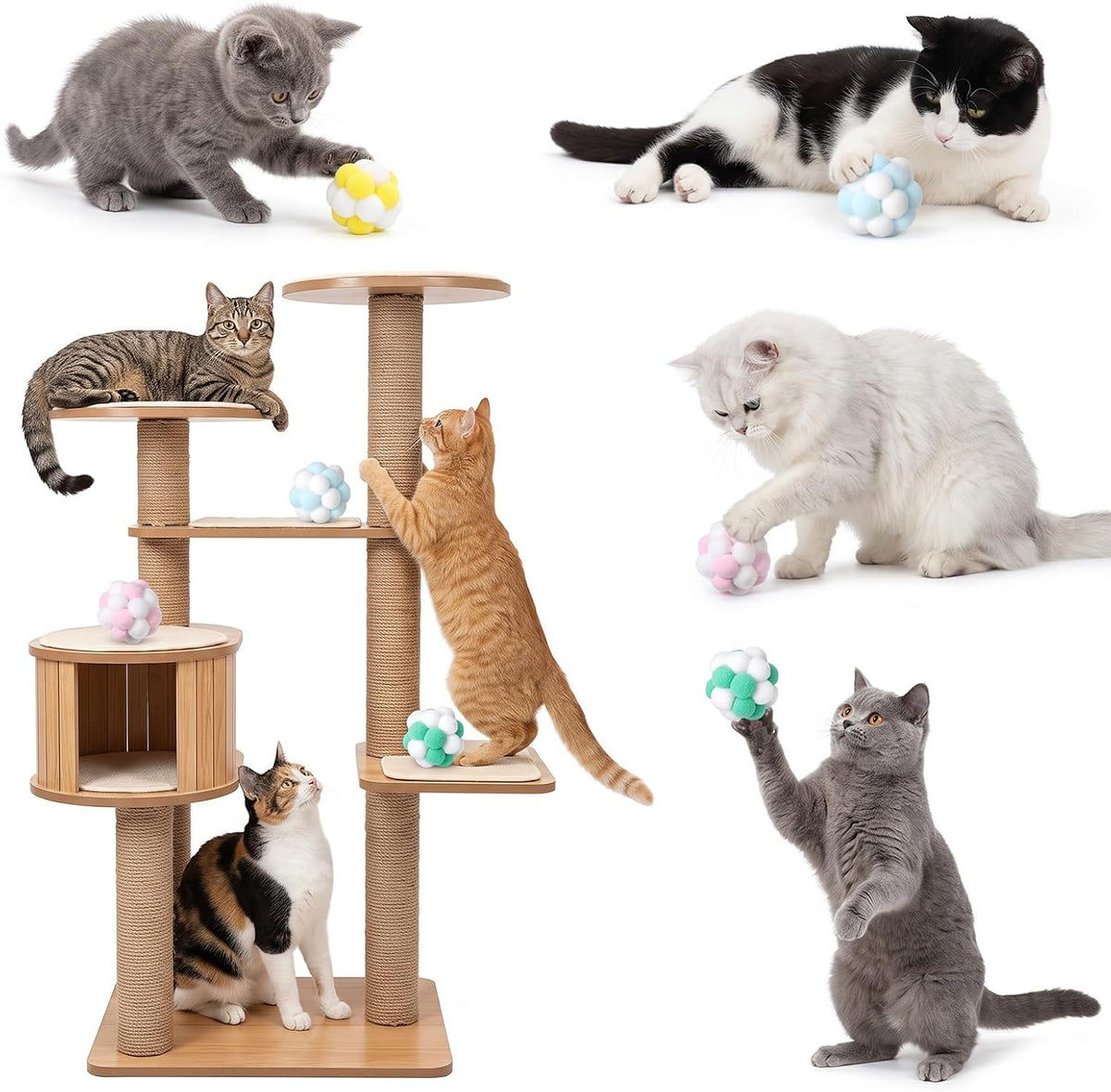 7 Pcs Interactive Cat Ball Toy Cat Pom Pom Balls with Bells